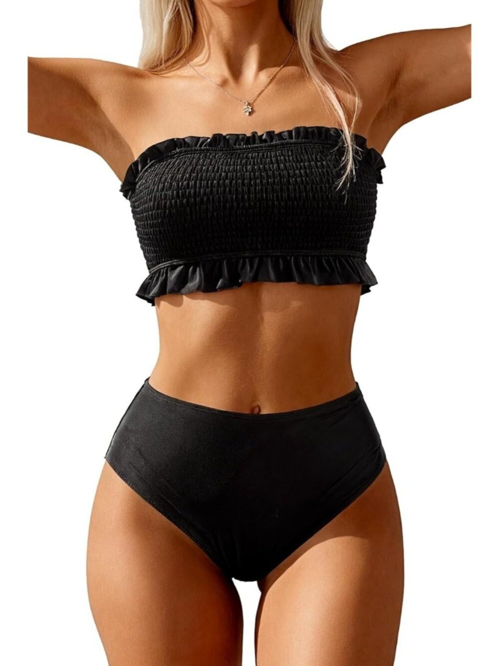 Women SMALL Bandeau High Waisted Bikini Set Smocked Strapless  Swimsuit